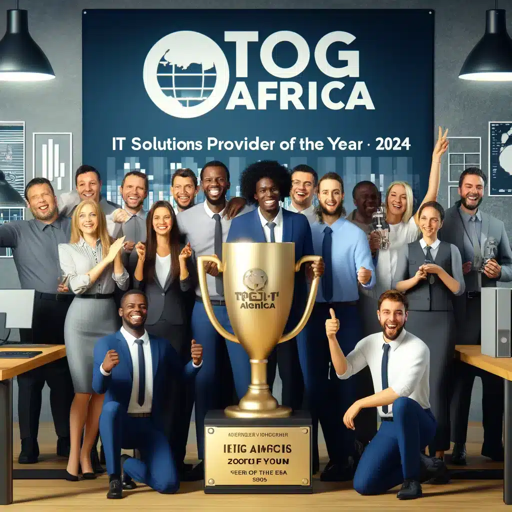 TOG Africa celebrating with an award trophy in a modern office setting. The scene shows a diverse team of employees smiling and holding the trophy