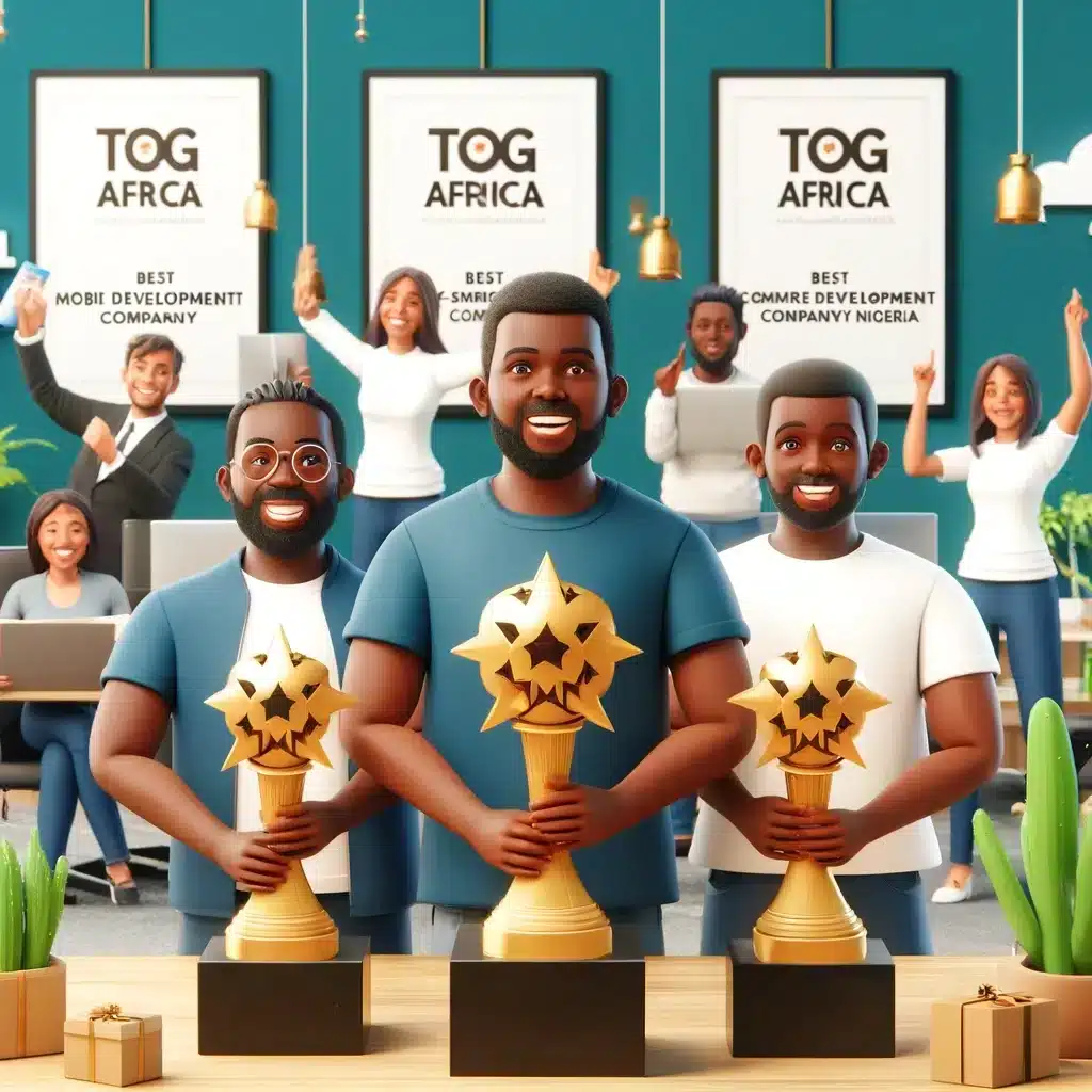 TOG Africa celebrating with three awards trophies in a modern office setting. The scene shows a diverse team of employees smiling and holding the trop